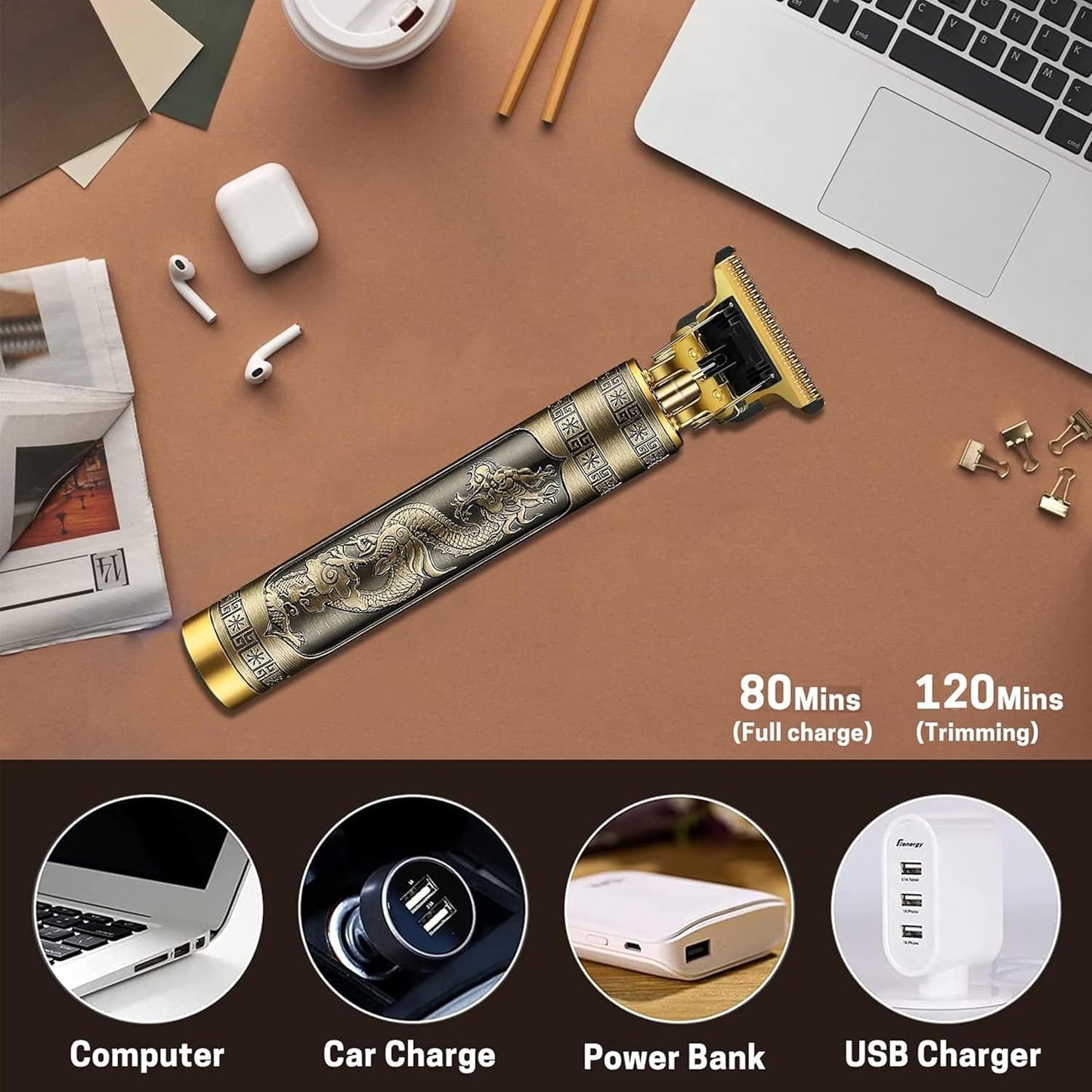 GOLDEN TRIMMER Trimmer for Men | Beard Trim & Clean 2-in-1 Trimmer with Vacuum Suction Mode | Ceramic Blades, LED display, 3 Limit Combs | No Mess Trimming